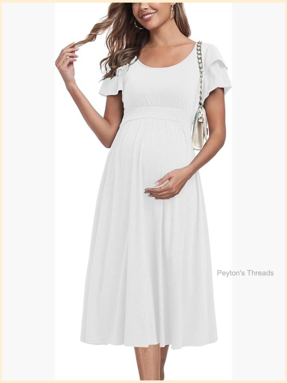 Ruffle Short Sleeve Maternity Dress High Waisted Midi Casual Baby Shower